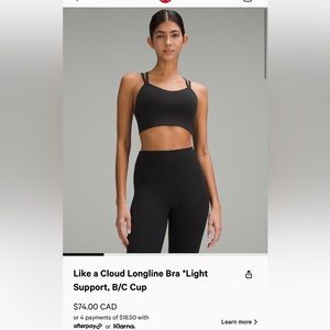 Black lululemon “like a cloud” longline sports bra, size 6